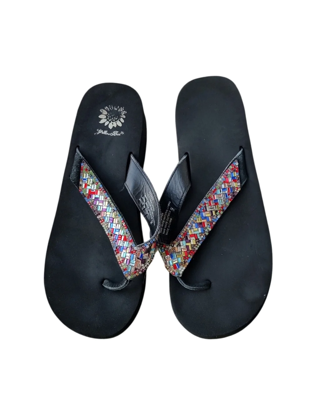 Yellow Box Sydnee Black Wedge Flip Flops with Multicolor Beaded Straps - Picture 2 of 3